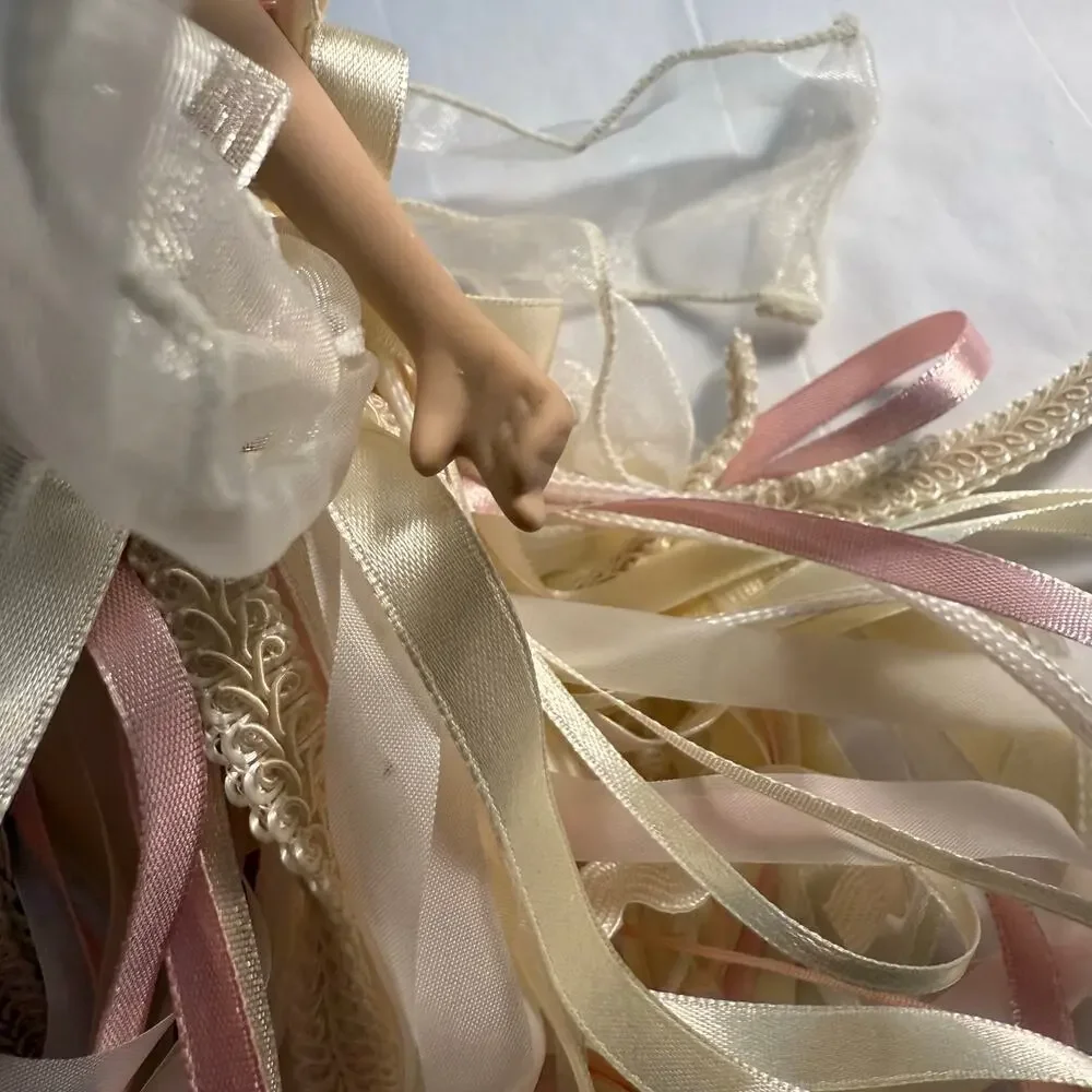 VTG Porcelain Angel Christmas Ornament Cream Pink Pearl Lace Feathers Ribbon 12”